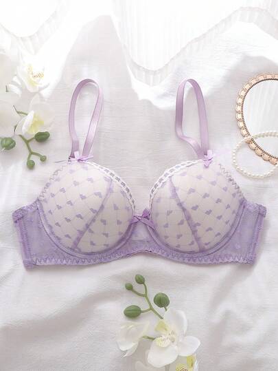 Lavender Purple Heart Mesh Patchwork Bra With Bow Decor, Mesh Crafted