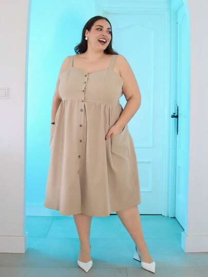 Pretty and Ole 大尺碼女士純色簡約日常口袋吊帶裙