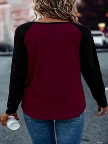 Breezaya Women Plus Size Letter Pattern Color Block Raglan Sleeve Casual T-Shirt, Autumn Graphic Tees Women Tops - Multicolor - View 2