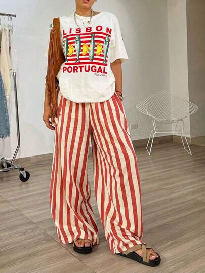 Sundraya 2pcs Vacation Style Colorblock Fish Print Round Neck Wide Leg Pants Set For Women