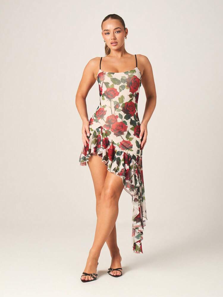 MISSGUIDED Vestido Curto com Estampa Floral de Rosas, Decote Princesa, Tecido de Tule, Bainha Assimétrica com Babados, Vestido de Festa Justo