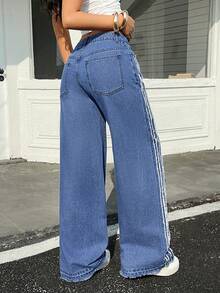 Rivivi 女士毛边口袋阔腿宽松休闲百搭牛仔裤 - 藍色 - 查看 2