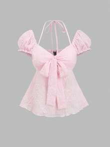 Sweetra 女士法式浪漫粉色衬衫，甜美少女风花瓣袖蝴蝶结领口不规则下摆衬衫，春夏款 - 粉色 - 查看 1