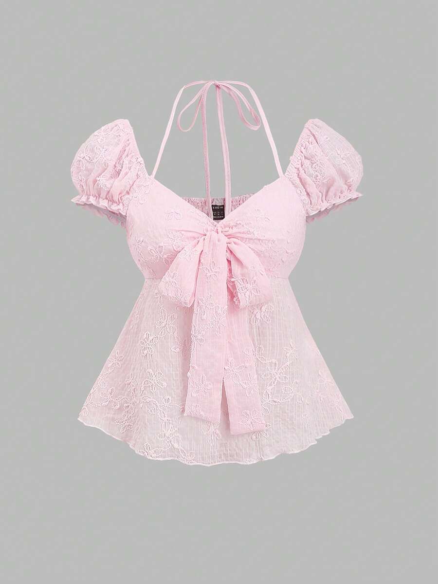 Sweetra 女士法式浪漫粉色衬衫，甜美少女风花瓣袖蝴蝶结领口不规则下摆衬衫，春夏款 - 粉色 - 查看 1