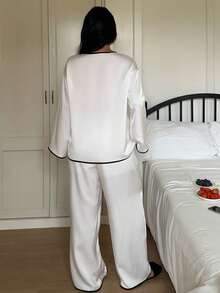 Dazy Plus Plus Size Comfortable Contrast Trim Front Button Long Sleeve Top And Pants Pajama Set, Autumn - Apricot - View 2