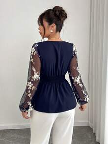 Cravure Blusa elegante de talla grande para mujer con cuello asimétrico, cintura ceñida, línea A, tela de malla con parches bordados, para otoño/invierno - Azul Marino - Ver 2