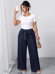 Elenzga Plus Size Women's Elegant Loose Comfortable Dark Blue Non-Stretch Wide Leg Jeans - Dark Wash - View 5