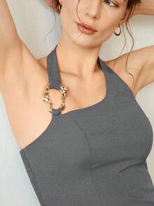 Uhlyne Áo yếm cổ yếm màu trơn thanh lịch, gợi cảm dành cho nữ, có khóa kim loại. - Xám - Xem 5