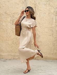 SHEIN Frenchy 女士夏季纯色圆领荷叶边短袖休闲中长连衣裙 - 杏色 - 查看 3