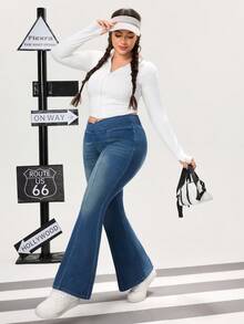 Flexra Plus Size Women Asymmetric Waist Flare Casual Versatile Jeans - Blue - View 4