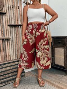 SHEIN LUNE CURVE Plus Size Casual Leaf Print Elastic Waist Pants - Burgundy - View 4
