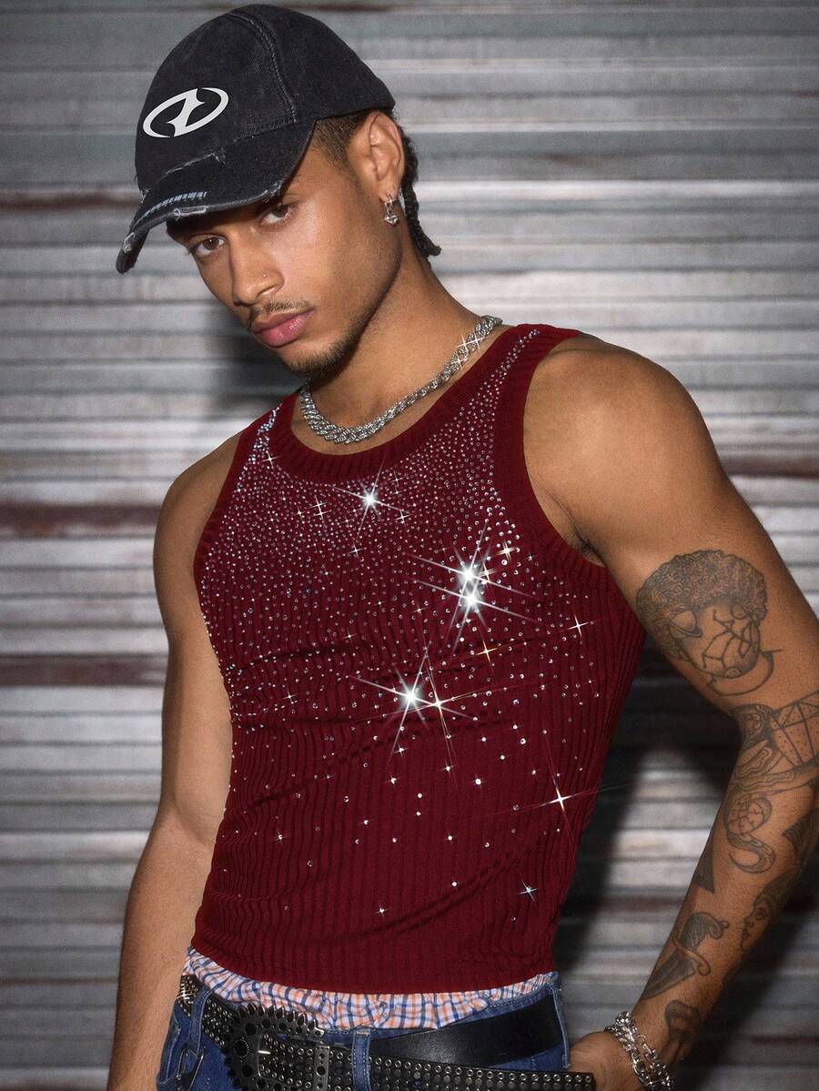 AXEPEAK Men's Round Neck Rhinestone Embellished Casual Everyday Wear Top - Red - View 1