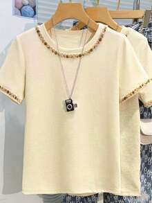 Resyla Women's Casual Embellished Short Sleeve T-Shirt, Summer - Apricot - View 3