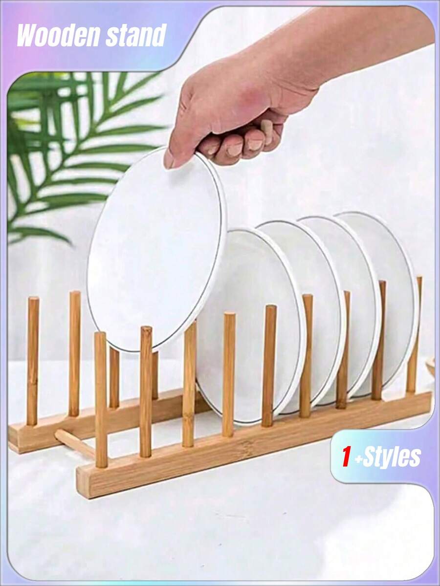 SHEIN 1pc Wooden Dish Storage Rack Daily Leisure Home Storage - log color - View 1