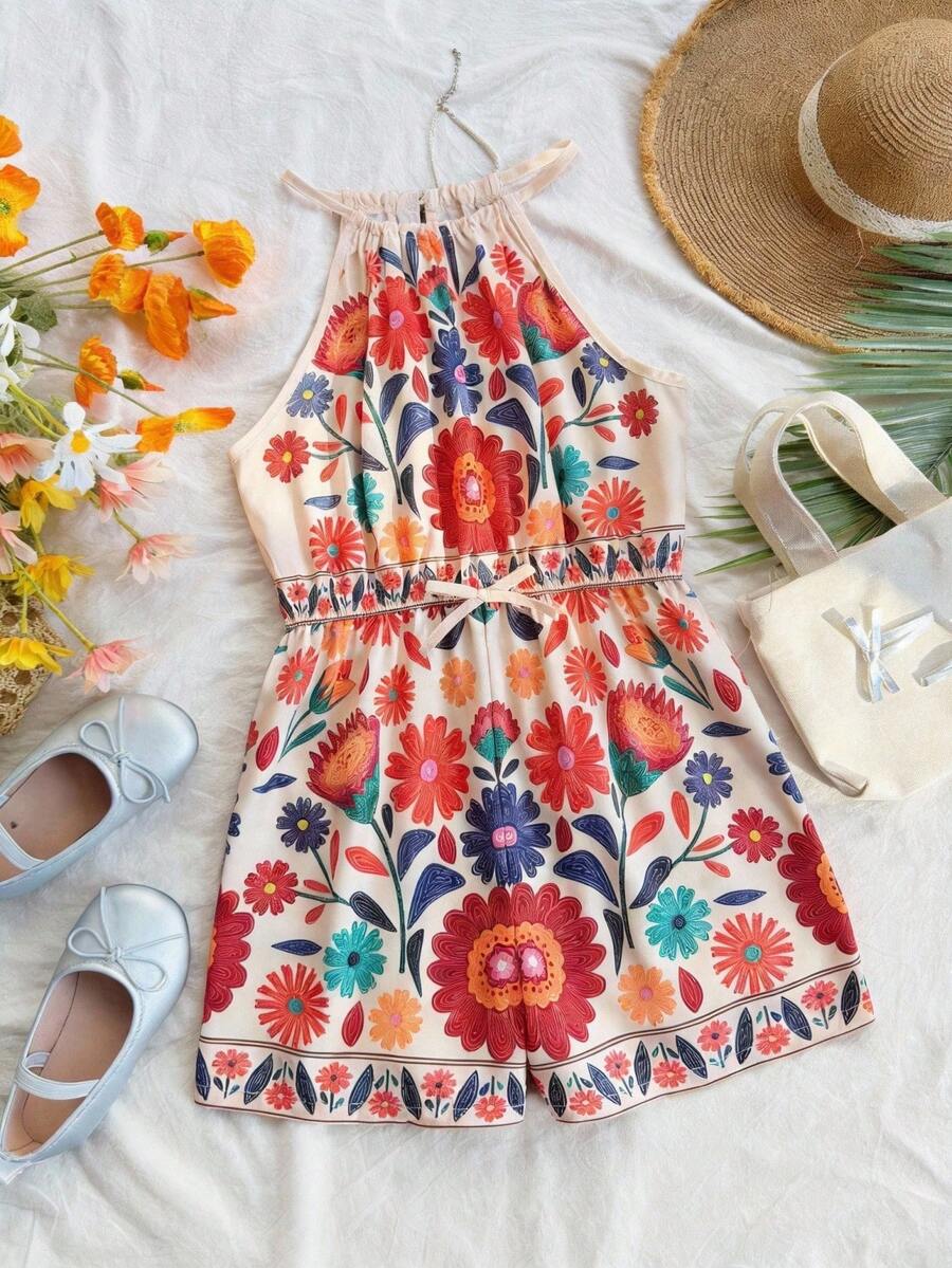 SHEIN Jumpsuit Pendek Tanpa Lengan Motif Retro Kasual untuk Anak Perempuan Remaja - MultiWarna - View 1