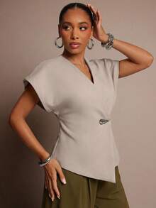 Vixey Solid Textured Woven Asymmetrical Hem Single Button Waistcoat Top - Light Grey - View 2