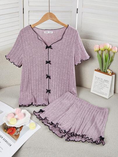 年轻女士休闲罗纹蝴蝶结装饰松紧腰短袖短裤两件套睡衣套装，春夏款