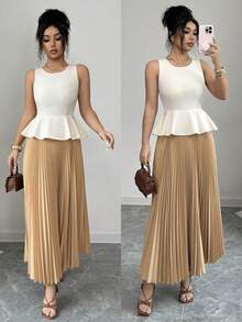 Elenzga Conjunto de 2 peças com Top de Gola Redonda, Cintura Marcada, Bainha com Babado + Saia Plissada de Cintura Elástica Longa, Cor Marrom Contrastante, Estilo Refinado, Fashion, Elegante - Ideal para Passeio de Verão, Encontro, Ano Novo, Dia dos Namorados, Páscoa, Dia das Mães, Festival de Música, Estilo do Oriente Médio, Casamento - Marrom Claro - Visão 7