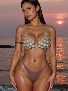 Swim Vcay 2026春夏性感畅销金属罩衫，金色饰边贝壳设计，比基尼 - 白色 - 查看 5