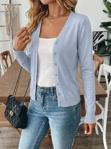 Áo khoác cardigan dài tay ôm sát màu trơn cài nút phía trước thanh lịch dành cho nữ - Màu xanh nhạt - Xem 5