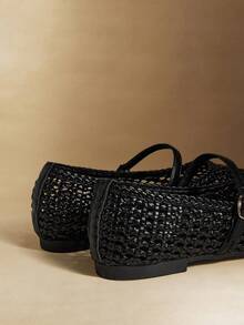 Rosivie PU Woven Material Flat Shoes, Elegant Office Style Commuter Shoes - Black - View 4