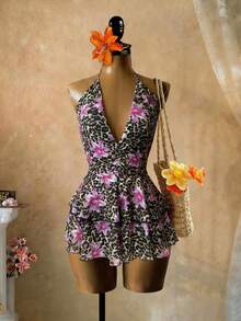 SaltGleam SaltGleam Women's New Sexy Leopard & Floral Print Halter Deep V-Neck Dress - Multicolor - View 1