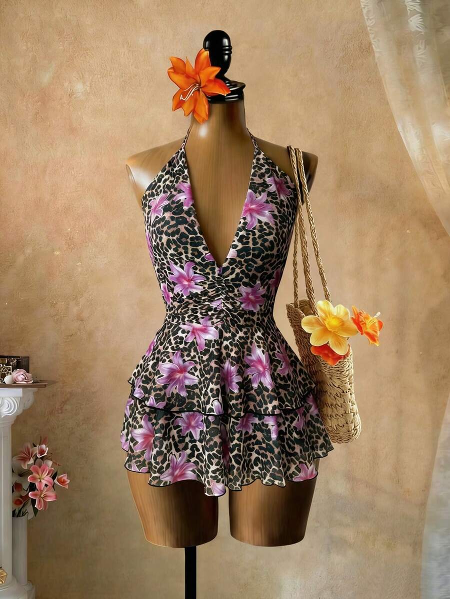 SaltGleam SaltGleam Women's New Sexy Leopard & Floral Print Halter Deep V-Neck Dress - Multicolor - View 1