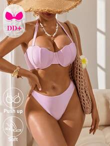 Voyashape 女士纯色挂脖系带时尚比基尼泳装套装 - 粉色 - 查看 4