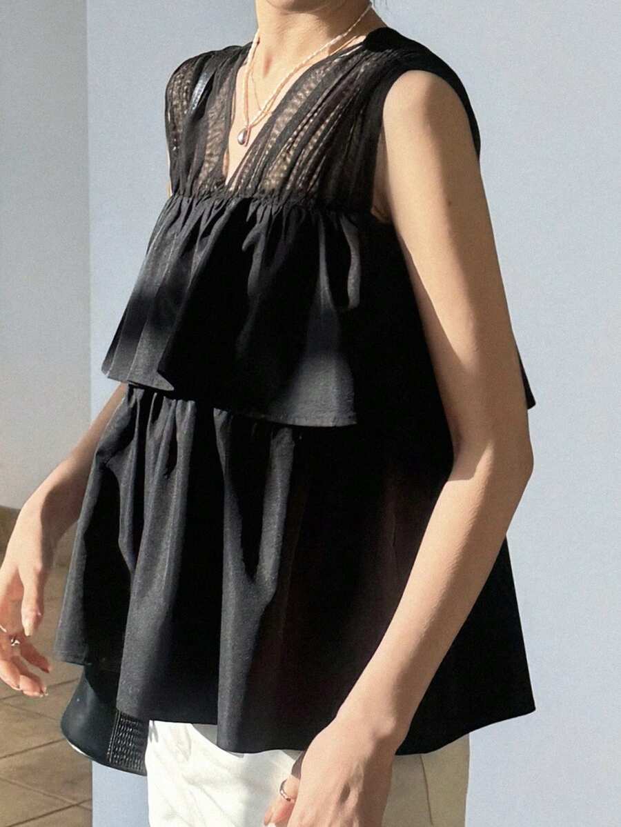 FRIFUL Women's Solid Color Mesh Patchwork Sleeveless Shirt With Double Ruffle Hem Summer - Black - View 1