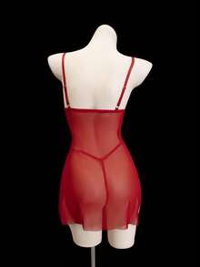 SHEIN 2件套女士性感无线网眼内衣吊带背心套装 - 紅色 - 查看 4