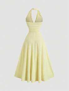 Sweetra 性感露背蕾丝边饰纹理面料飘逸A字褶皱优雅连衣裙 - 黃色 - 查看 2