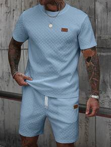 Manfinity CasualCool Men's V-Neck Ribbed T-Shirt + Drawstring Shorts Set - Blue - View 3