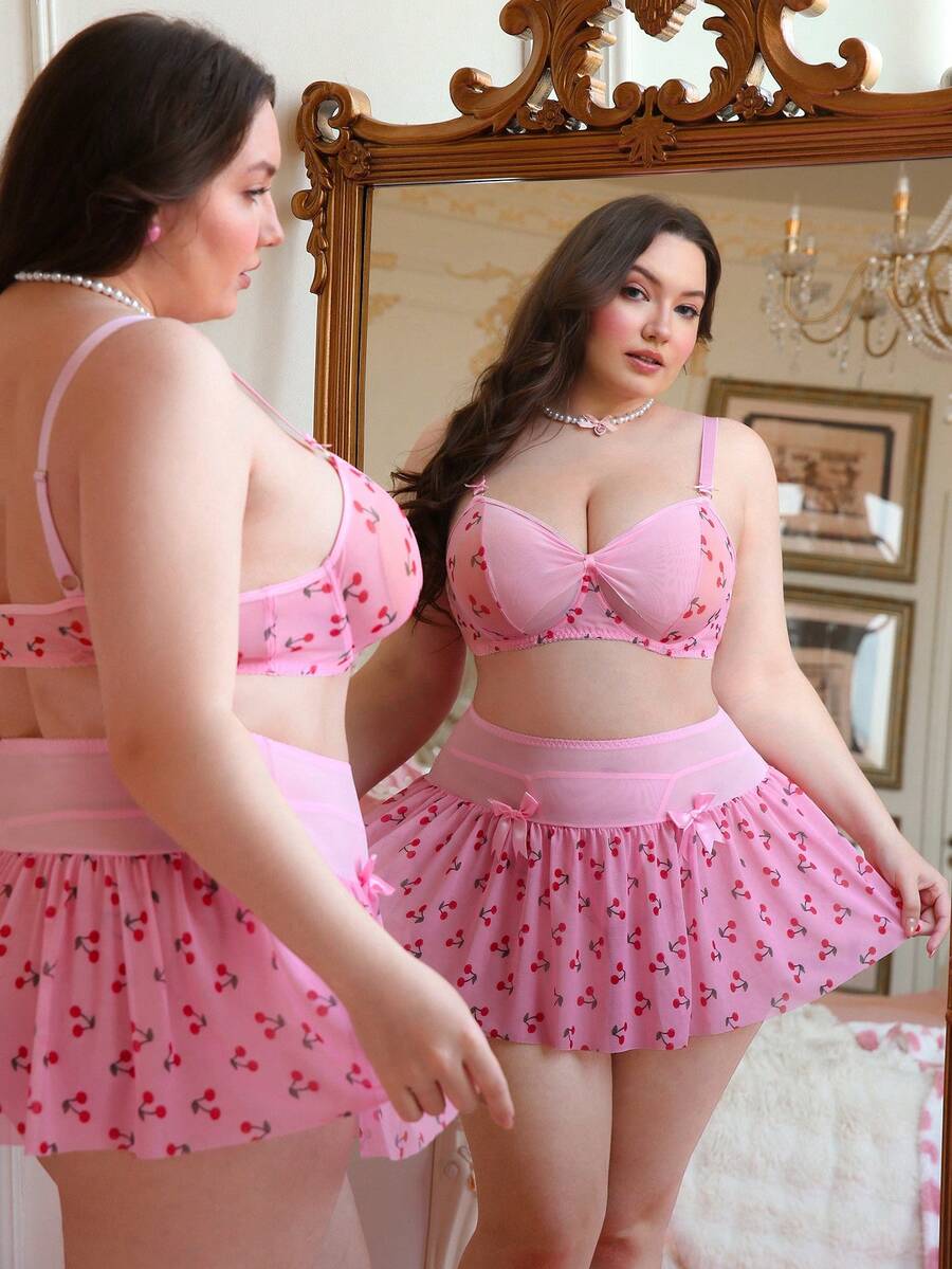 PetitDoll 3pcs Set: Sweet Floral Print Mesh Bow Underwire Padded Ruched Skirt Plus Size Sexy Lingerie Set - Pink - View 1