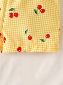 SHEIN Vintaside Kids 2pcs/Set Baby Girl Spring&Summer Vacotion Style Cherry&Plaid Printing Slip Top&Short Pants Cherry Toddler Set - Yellow - View 8