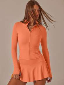 Aralina Leisurewear Zip Front Long Sleeve Top And High Waist Biker Shorts Two Pieces Set - Coral Orange - View 8