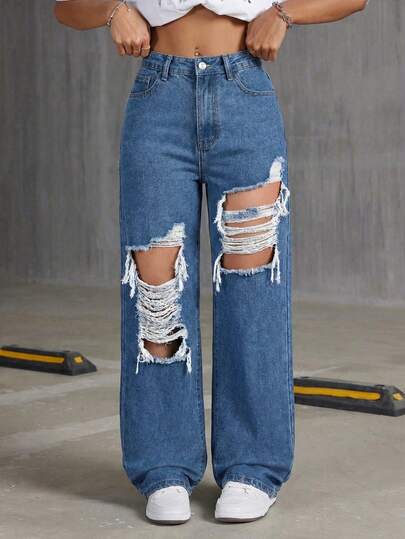 SHEIN ICON Quần jeans ống đứng dáng rộng thoải mái, túi xéo rách