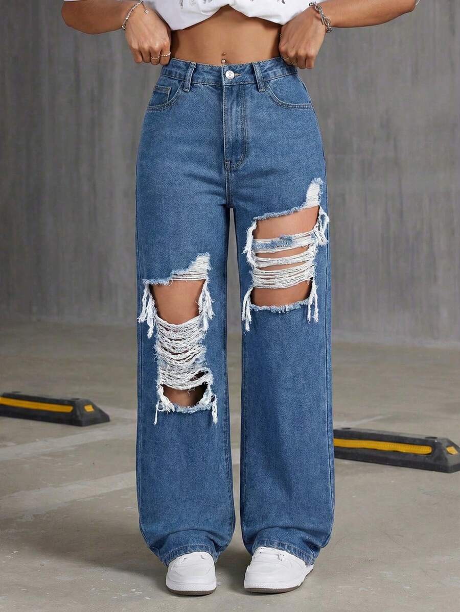 SHEIN ICON Distressed Slant Pocket Casual Loose Straight Leg Jeans - Medium Wash - View 1