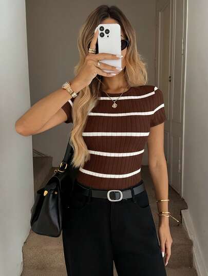 Easowa Women's Fitted Crew Neck T-Shirt, Textured Ribbed Fabric, Casual Comfortable For Vacation, Elegant For Everyday Wear Ribbed Top Brown Top Coffee Brown Top Striped Top Bodysuit