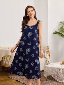 SHEIN Đầm ngủ nữ màu xanh hải quân viền bèo nhún họa tiết Paisley, chất liệu vải dệt mềm mại và thoải mái, thích hợp cho thời gian rảnh rỗi và kỳ nghỉ. - Màu xanh hải quân - Xem 3