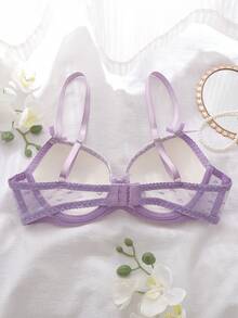 DelicateAllure Áo ngực lưới phối họa tiết trái tim màu tím oải hương với nơ trang trí, chất liệu lưới. - Màu tím hoa cà - Xem 2