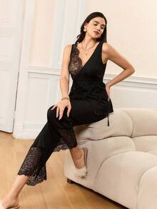 Elegant Mature Sexy Hollow Out Women Pajama Set - Black - View 4