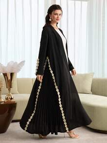 Al Najma Áo Abaya dáng rộng, đơn sắc, tối giản, màu trơn, xếp ly hai bên, tay dài, kiểu dáng thường ngày, dành cho nữ, mùa xuân/thu. - màu đen - Xem 5