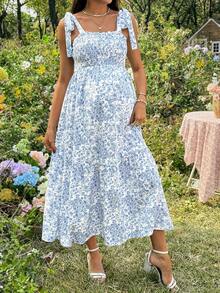 SHEIN Pregnant Women's Square Neck Ditsy Floral Sleeveless Casual Summer Dress - Blue and White - View 1