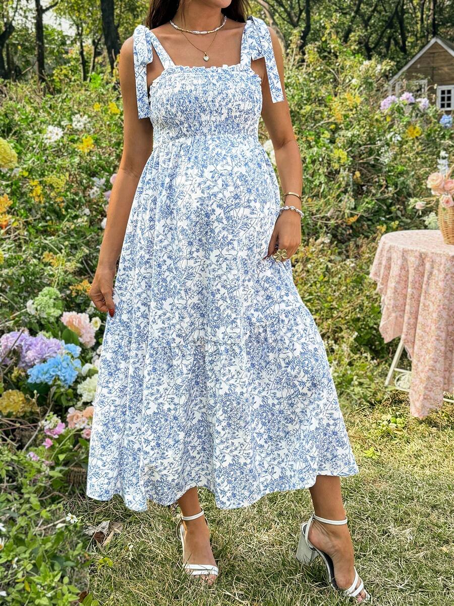 SHEIN Pregnant Women's Square Neck Ditsy Floral Sleeveless Casual Summer Dress - Blue and White - View 1