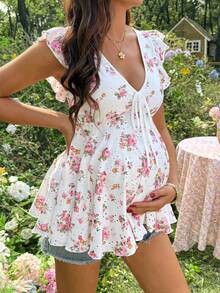 SHEIN 夏季孕妇休闲V领短袖印花T恤 - 粉色 - 查看 5