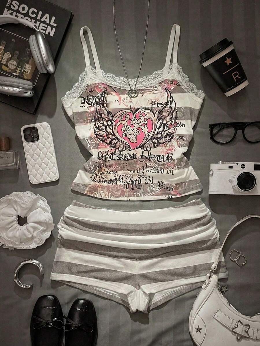 SHEIN Bộ 2 món ren kẻ sọc Y2K phối màu tương phản dành cho nữ - Nhiều màu - Xem 1