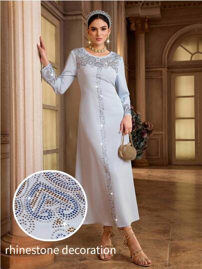 Al Najma 女士水钻装饰圆领长袖优雅阿拉伯风格连衣裙