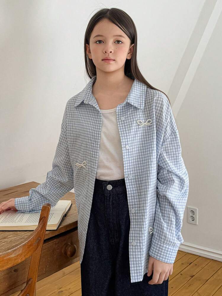 Tween Girl Faux Pearl Bow Decor Plaid Drop Shoulder Long Sleeve Single-Breasted Shirt