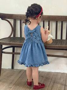 LMoss Kids 女婴蓝色牛仔露背蝴蝶结装饰宽松无袖连衣裙 - 淺色水洗藍 - 查看 7