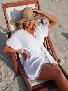 Váy đi biển nữ Swim Vcay bằng ren và vải voan mỏng, tay áo cánh dơi, viền ren trang trí hình vỏ sò. - trắng - Xem 6